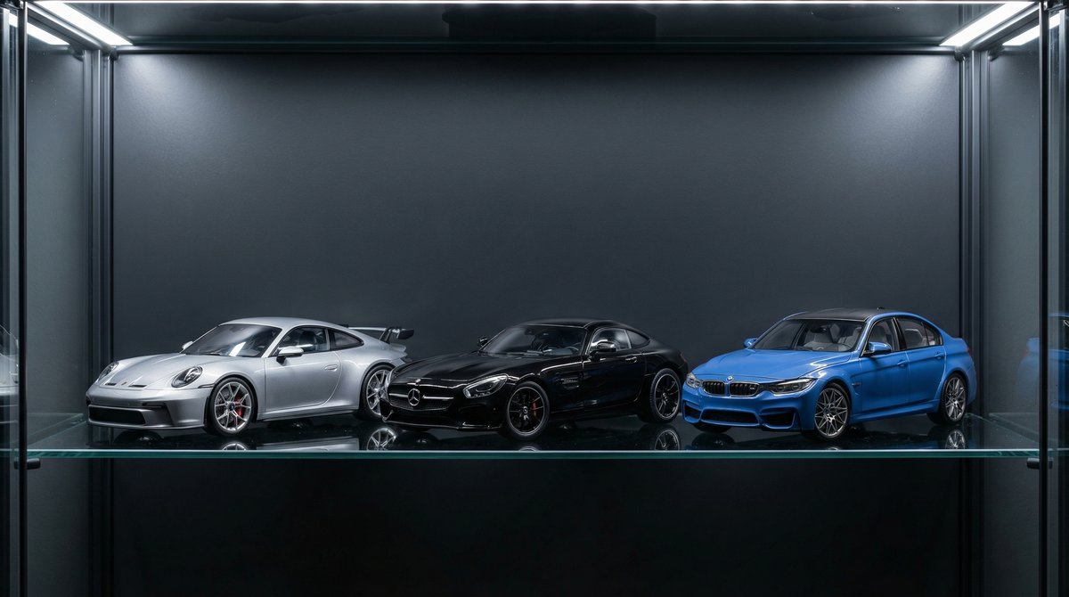 Voitures miniatures 1:18 Porsche, Mercedes-Benz et BMW exposees dans une vitrine de collectionneur