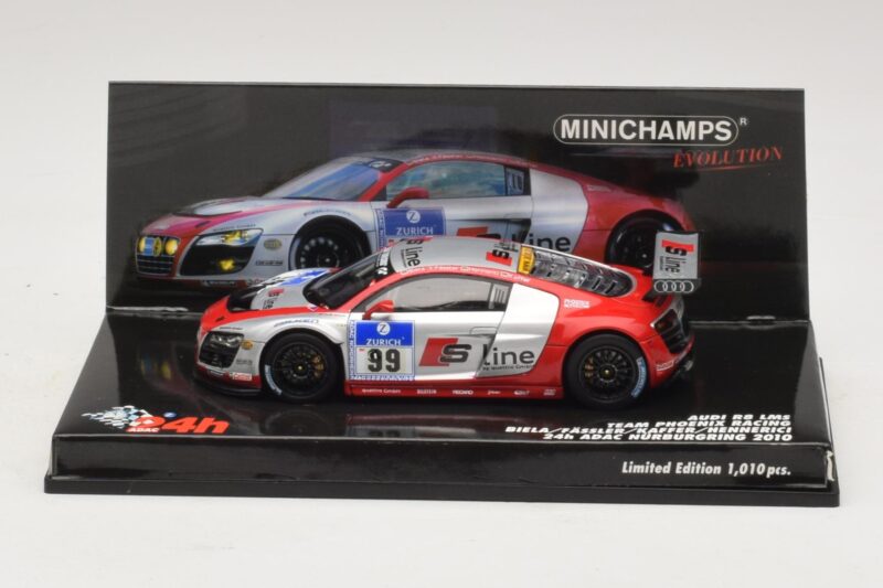 Audi R8 LMS GT3 #99 F. Biela / M. Fassler Phoenix Racing 24 Hours of Nurburgring 2010 Minichamps 1:43 Audi R8 LMS GT3 #99 F. Biela / M. Fassler Phoenix Racing 24 Hours of Nurburgring 2010 Minichamps 1:43 437101999 Métal