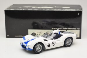 Maserati Tipo 61 #5 S. Moss / D. Gurney Camoradi ADAC 1000km Nurburgring Winner 1960 Minichamps 1:18 100601205 Métal — image 8 sur 8