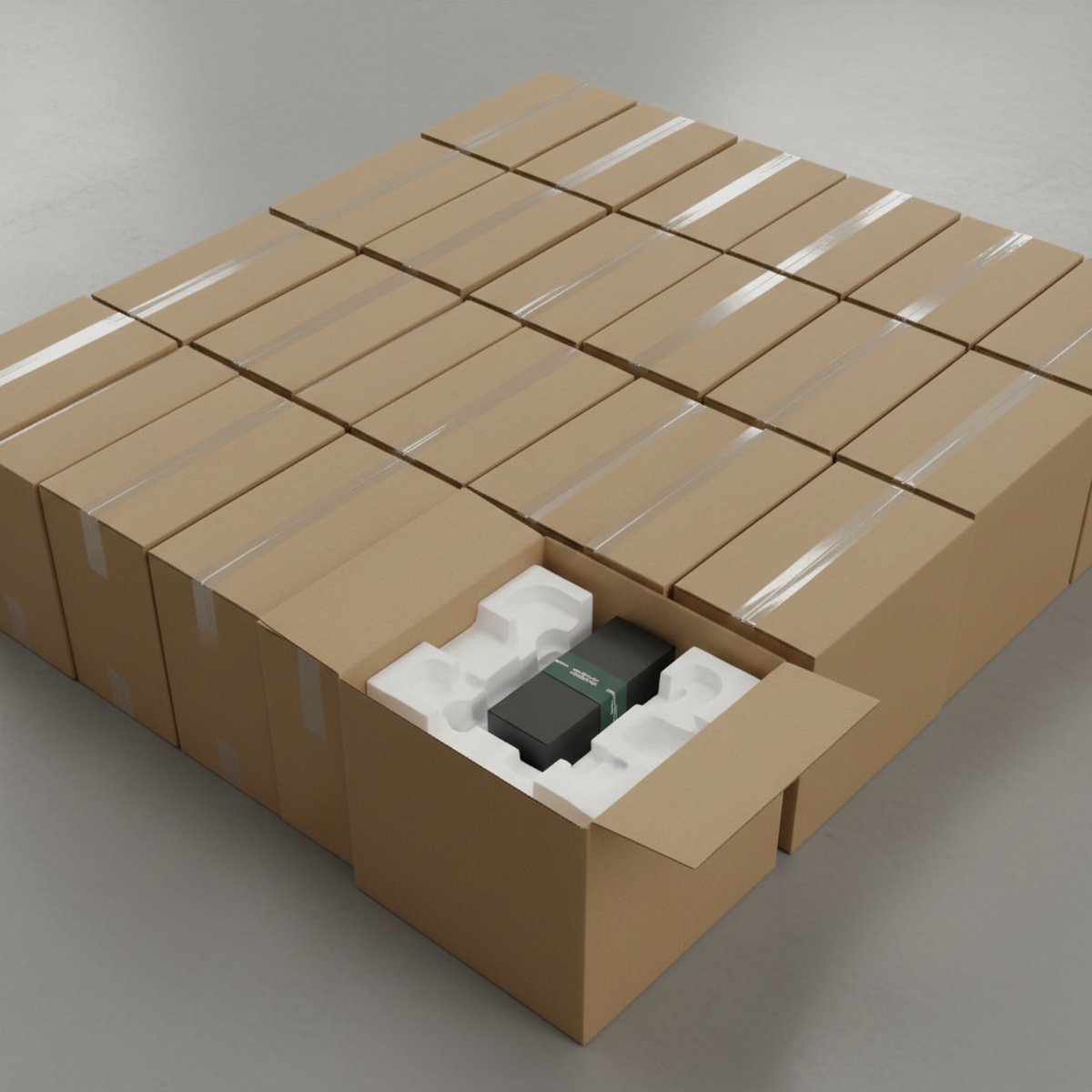 Cartons de commande B2B emballés avec calage de protection, prêts à expédier